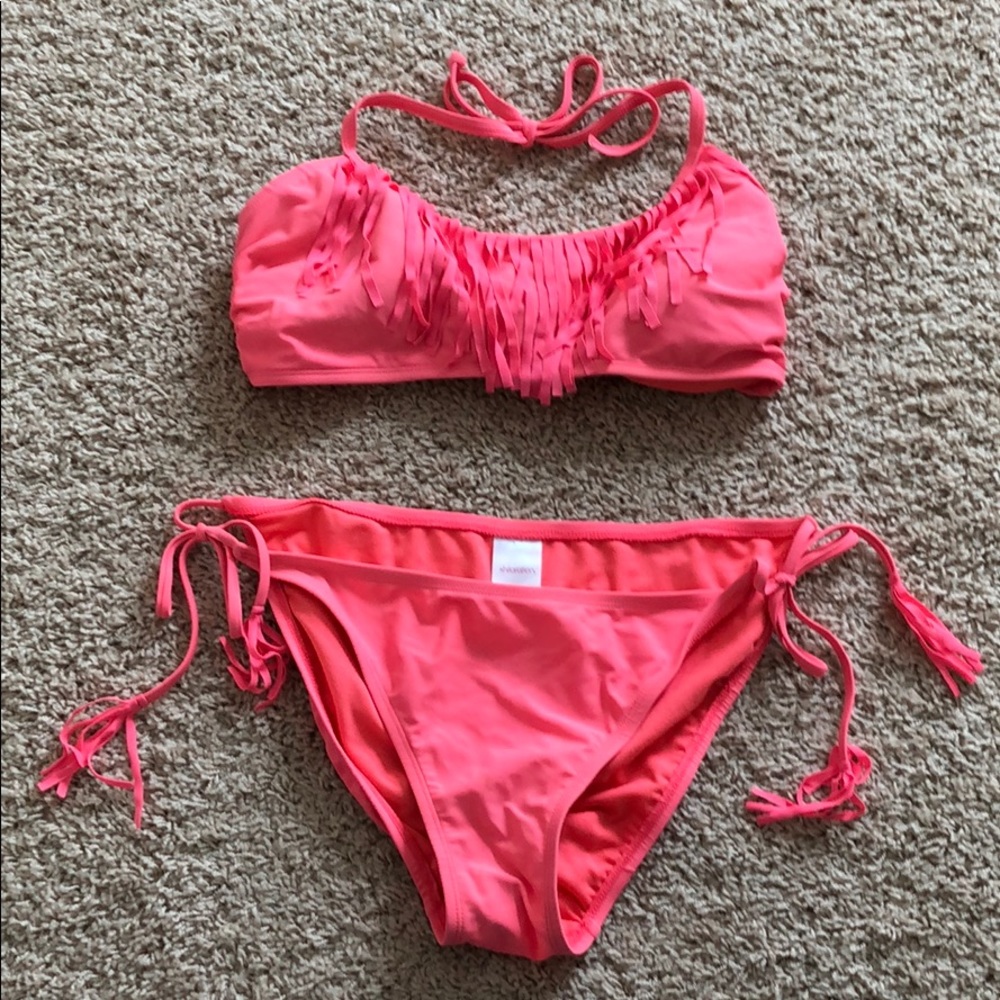 Neon coral bikini with fringe